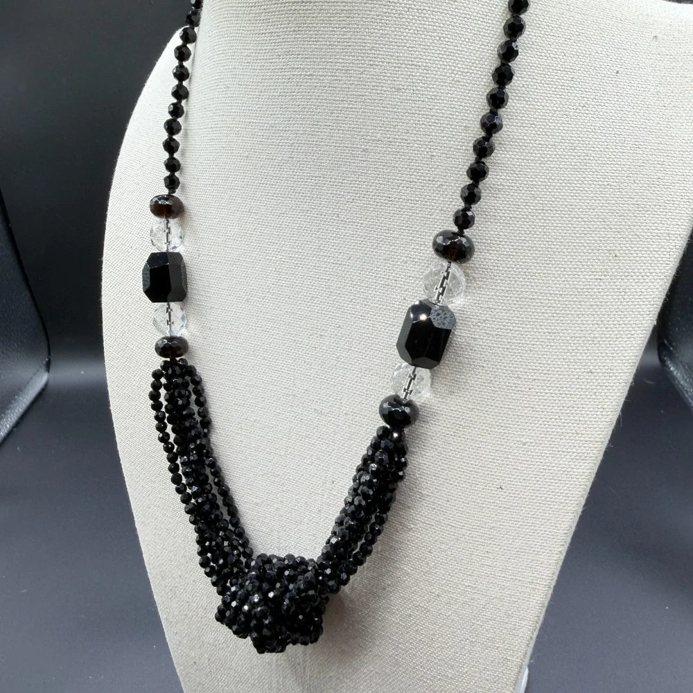 Black Faceted Bead Multi Strand Statement Necklace Knotted Gothic Cocktail Gift